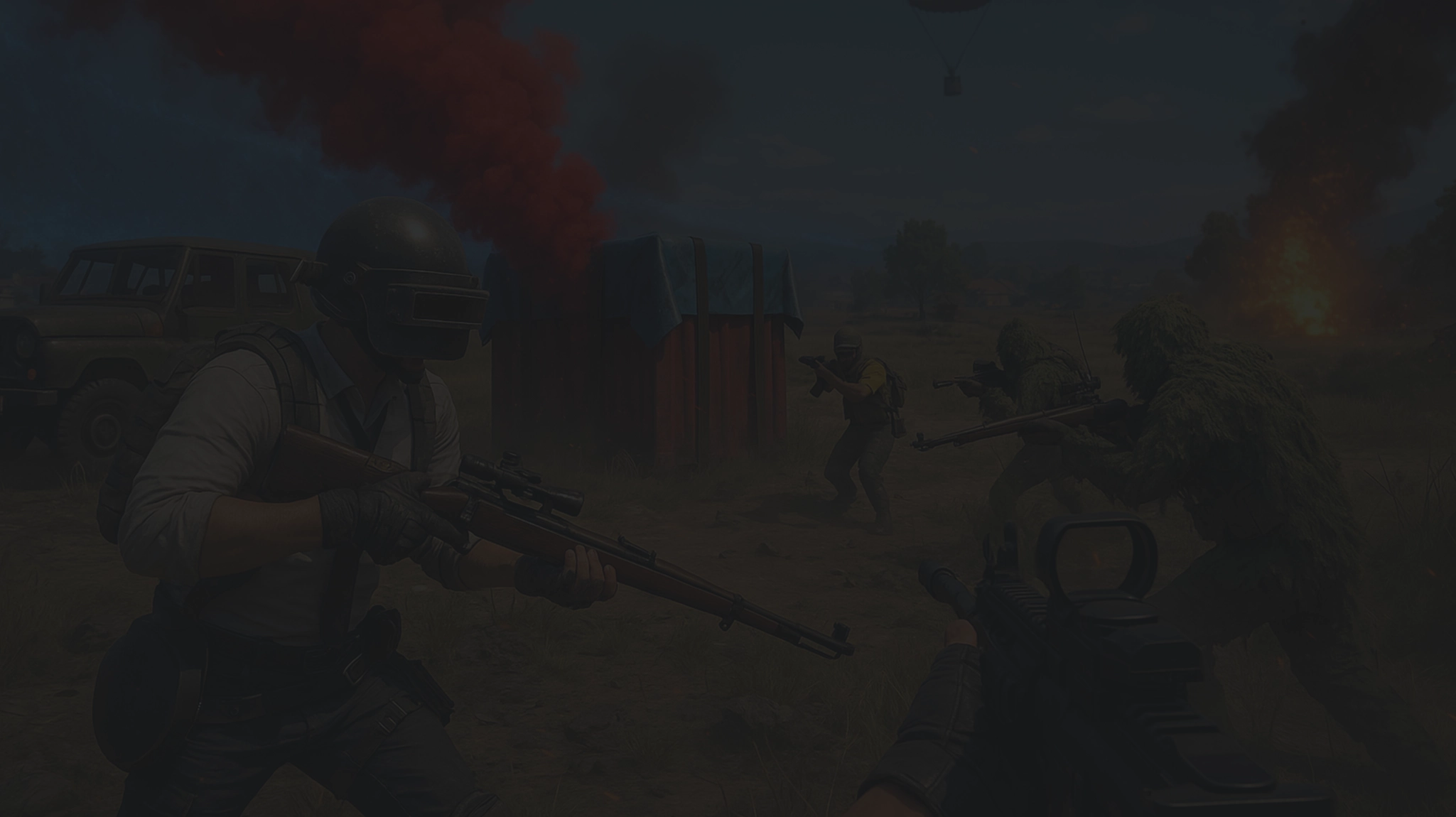 Jugadores de PUBG combatiendo con distintas armas y miras