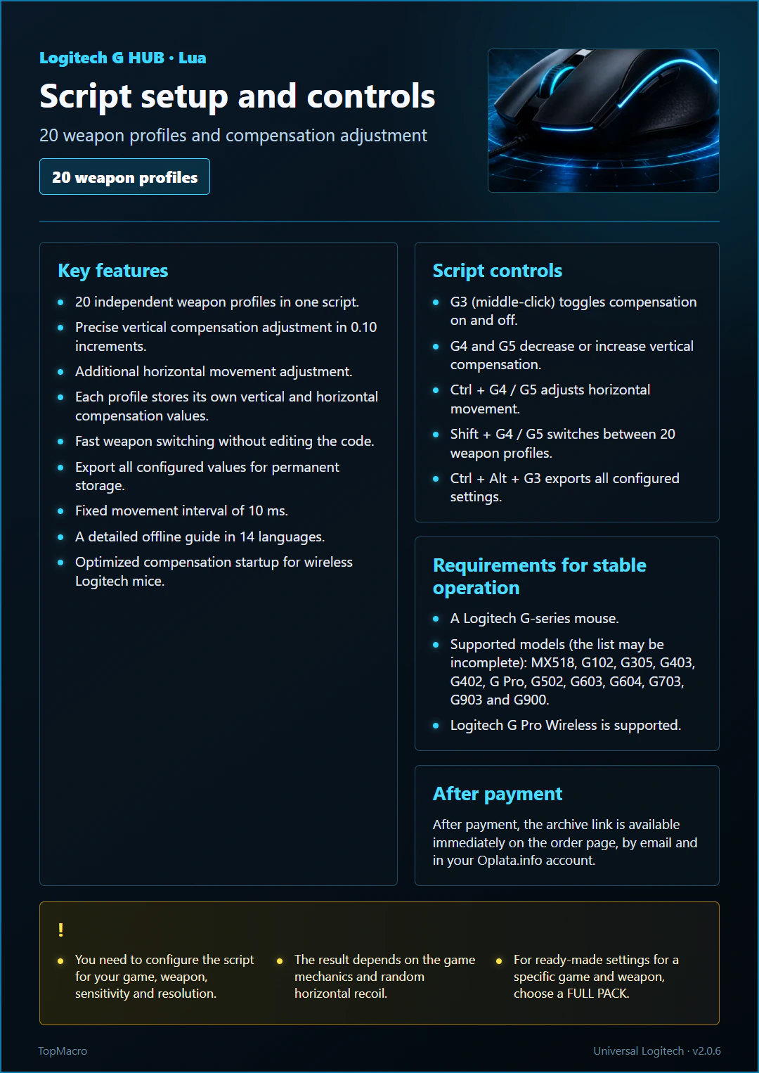 Controls for the universal Logitech G HUB macro