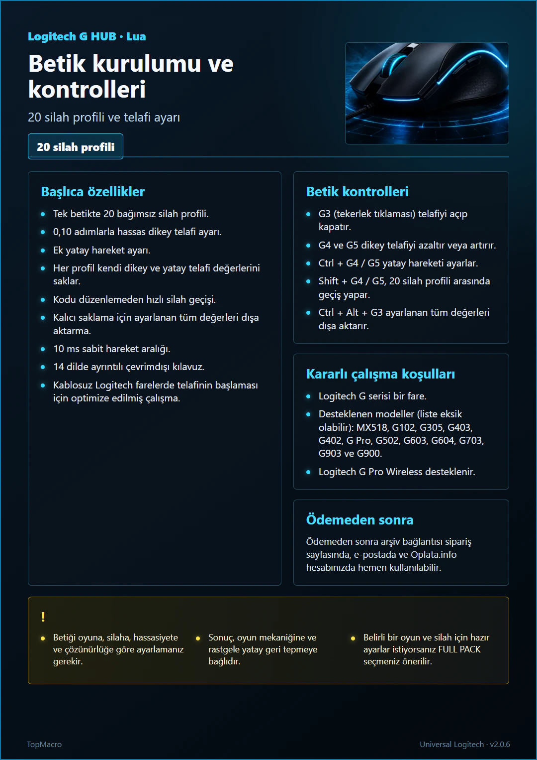Evrensel Logitech G HUB makrosunun kontrolleri
