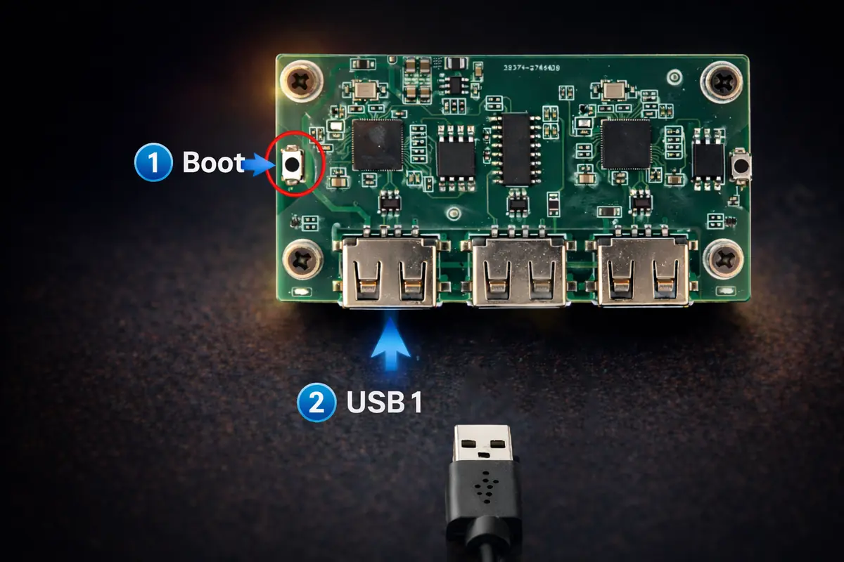 MAKCU’nun sol tarafına aygıt yazılımı yüklemek için kullanılan sol Boot düğmesi ve USB1 portu